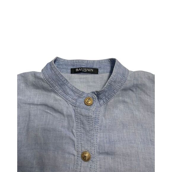 Balmain Shirt with Adjustable Sleeves with Pockets in Blue Linen - Picture 6 of 9